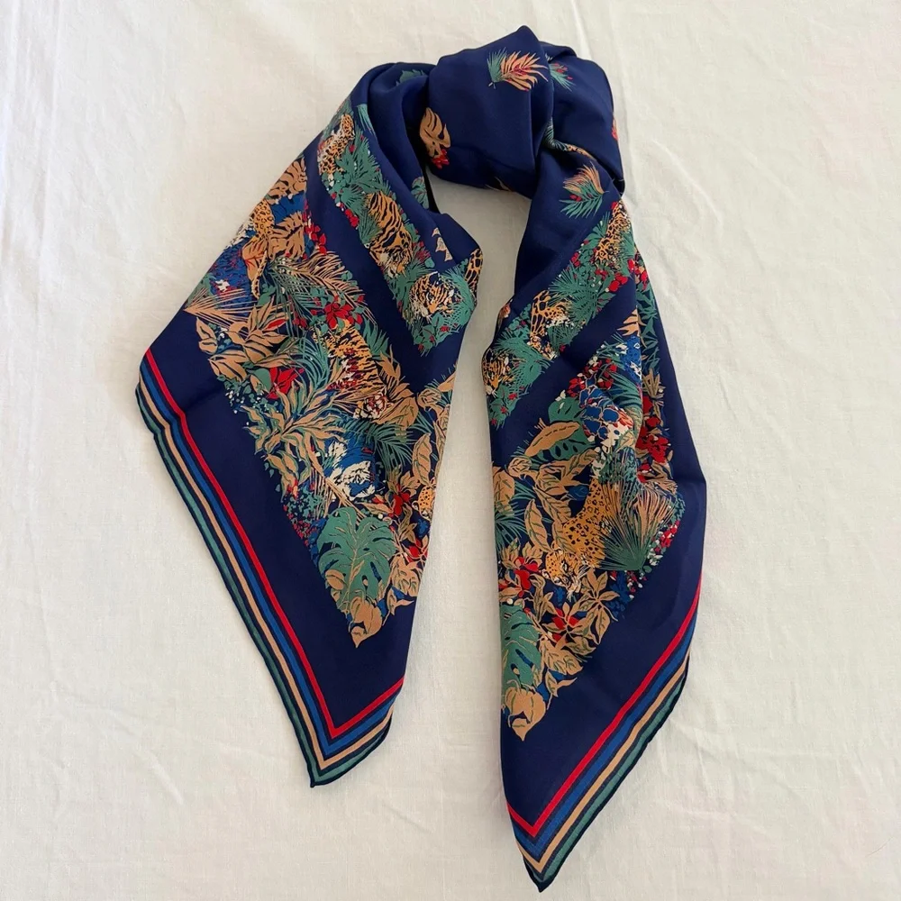 Vtg Christian Dior Hand Rolled Silk Scarf Jungle Animal Navy France Made 29.5”